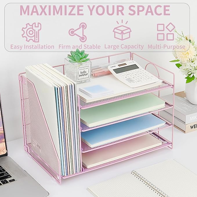 OPNCIE Desk Organizers and Accessories, 4 Tier Paper Letter Tray File Organizer, Office Organization Storage Desk Accessories Workspace Desktop Organizer for Classroom Office Supplies Decor, Pink