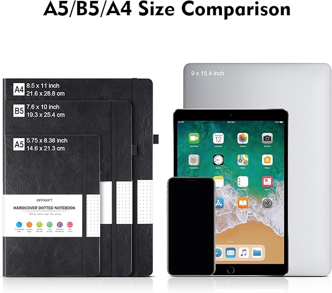 Bullet Dotted Journal Notebook, 312 Numbered Pages A5 Hardcover Leather Journal, 100gsm No Bleed Paper Dot Grid Notebook with Index Pages, Dot Journal for Women Men, 5.75" x 8.38", Black