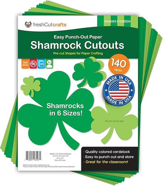 FreshCut Crafts 140 Piece Shamrock Cutouts Set: Pre-Cut Green Irish Clover Shapes for School Supplies, Decorating Themed Events Bulletin Board & St. Patrick's Day Decor, US Made Quality Card Stock