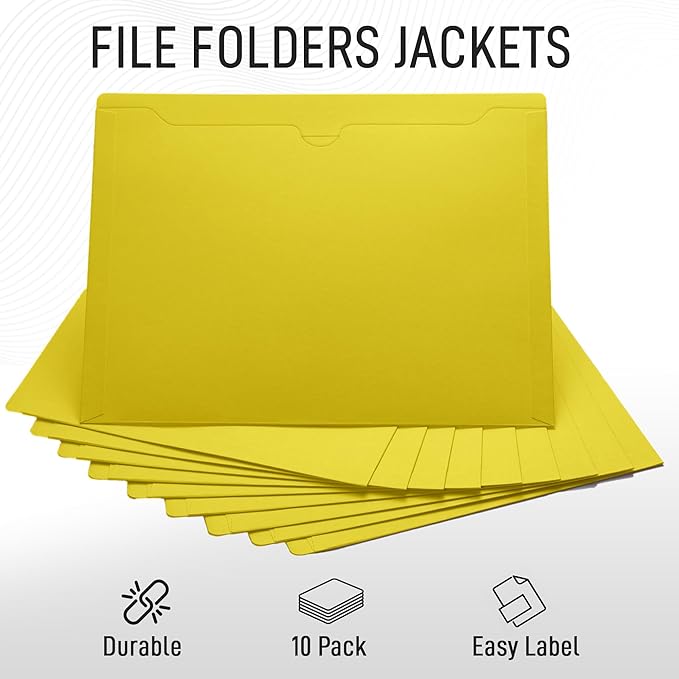 Yellow File Jackets, Flat-No Expansion, Letter Size, Reinforced Straight-Cut Tab, 10 Pack