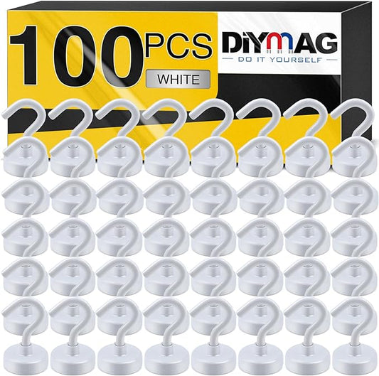DIYMAG Magnetic Hooks, 25Lbs Strong Heavy Duty Cruise Magnet S-Hooks for Classroom, Fridge, Hanging, Cabins, Grill, Kitchen, Garage, Workplace and Office etc, (100 Pack-White)