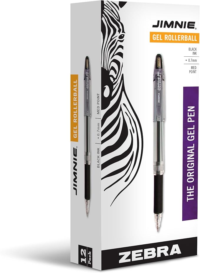 Zebra Jimnie Gel Pen, Stick, Medium 0.7 mm, Black Ink, Smoke Barrel, 12/Pack