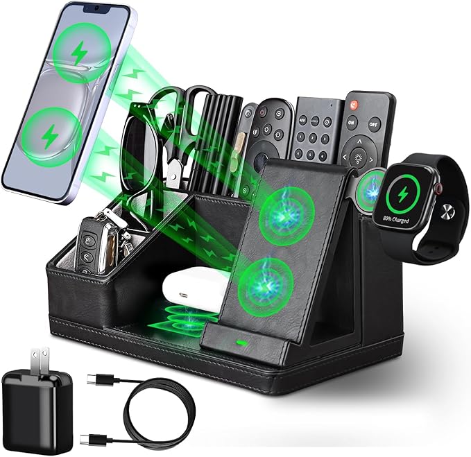 Black Leather Desk Organizer With Charging Station,Office Supplies Desk Accessories,Pen Holder for Desk,Remote Control Holder,Desk Organizer With Phone Charger,Nightstand Desktop Organizer