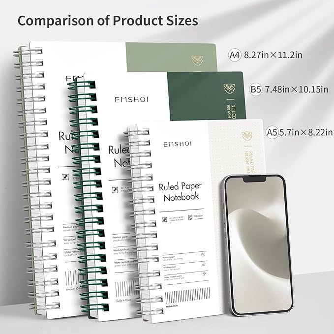 EMSHOI Lined Spiral Journal Notebook, B5 College Ruled Notebook, 300 Pages/150 Sheets, 100gsm Acid-Free Paper, Waterproof Softcover Notebook for School, Work, Note Taking, 7.48" × 10.15" - Light Green