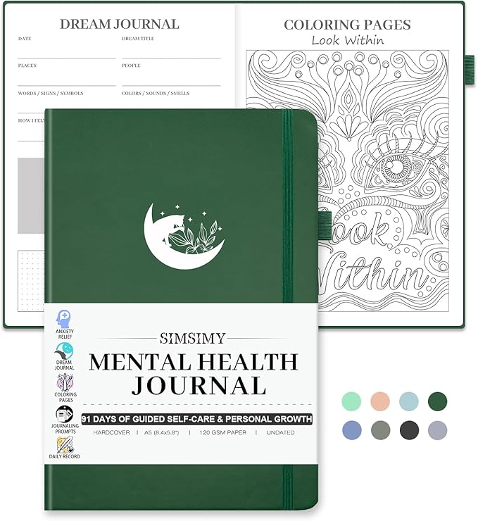 Mental Health Journal, 91-Day Self Care Journal for Women Men, Guided Anxiety & Stress Relief Journal with Mood Tracker, Cognitive Behavioral Therapy Journaling with Mental Health Coloring Pages & Dream Log