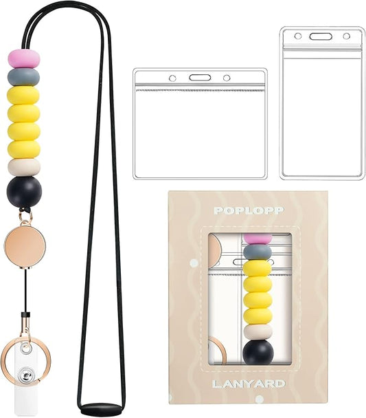 Retractable Lanyards for ID Badges and Keys, Cute Breakaway Teacher Lanyard with Badge Holders and Reels, Silicone Beaded Lanyard for Women, Nurses, Office with 2 Waterproof Card Holders