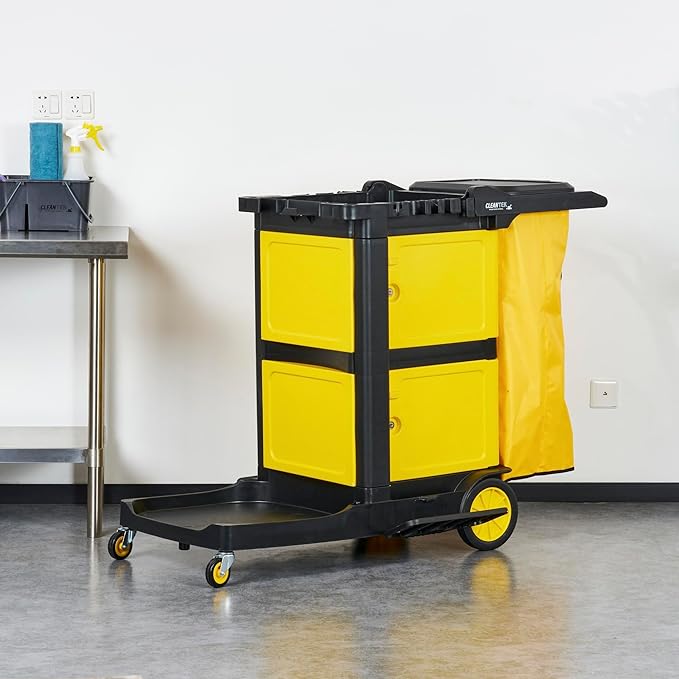 Restaurantware-Clean Tek Professional 3-Shelf Janitor Cart with Wheels, 1 Cleaning Trolley with Cover and 21 Gallon Bag - Includes 1 Double Locking Cabinet, Heavy-Duty, Gray Plastic Janitorial Cart