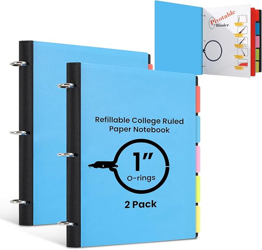 Pivotable Refillable Notebook, Notebook with Dividers and Tabs, 50 College Ruled Paper, 5 Plastic Tabbed Subject Dividers, 200 Sheets Capacity- Blue