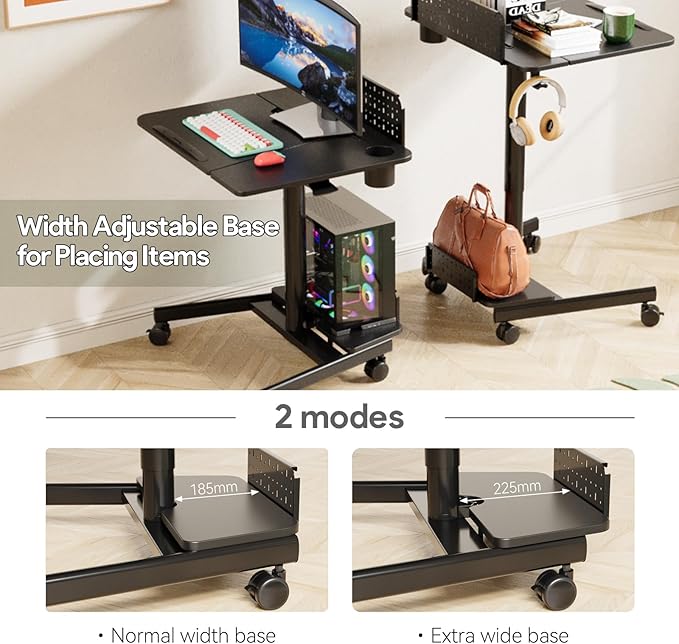 JOY worker Mobile Standing Desk with 60° Tiltable Desktop, 28" Height Adjustable Rolling Desk, DIY Pegboard & Storage Base, Portable Laptop Desk with 4 Lockable Wheels for Home Office, Black