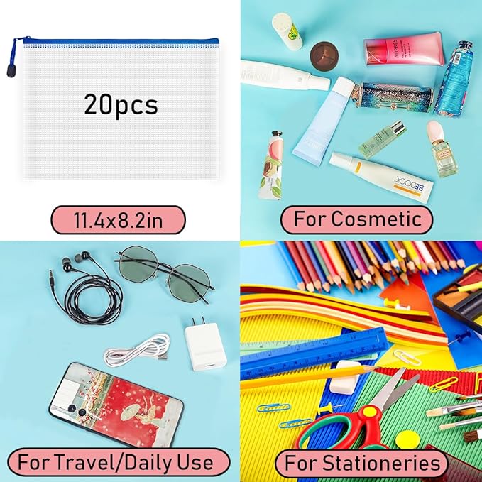 AUSTARK 20 Pcs Zipper File Bags, Plastic Mesh Pouch, Board Game Storage Bag, Waterproof Bags for Office School (B5 Size 11.4''x8.2'', White and Blue)
