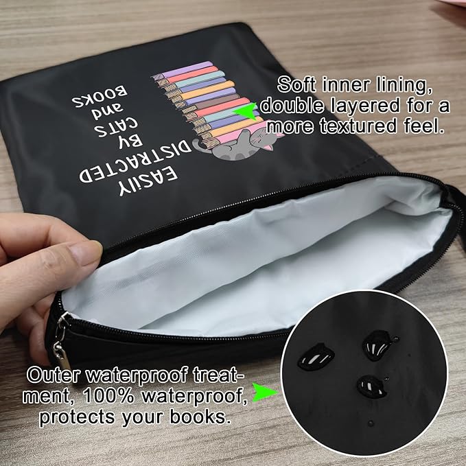 Book Sleeve, Book Covers with Zipper, Funny Cat & Book for Book Lovers, Gifts for Women Teacher Librarian Bookworm Bookish- Easily Distracted by Cats and Books (Black-D, Large)