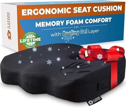5 STARS UNITED Seat Cushion for Desk Chair - Tailbone, Coccyx Sciatica Pain, Pressure Relief - Office Chair, Wheelchair, Car Cushions - Cooling Memory Foam