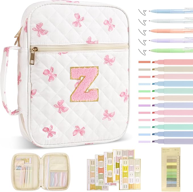 Personalized Initial Bible Cover Case for Women Girls Kid - Large Quilted Bible Case with Handle, Stylish Chenille Letter Bag Study Supplies, Perfect Christmas Gifts for Christians Women (Pink Bow-Z)