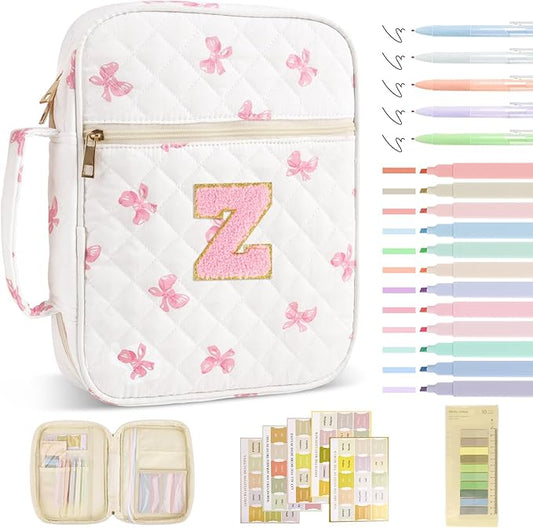 Personalized Initial Bible Cover Case for Women Girls Kid - Large Quilted Bible Case with Handle, Stylish Chenille Letter Bag Study Supplies, Perfect Christmas Gifts for Christians Women (Pink Bow-Z)
