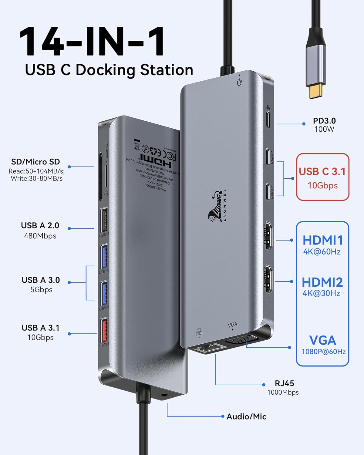USB C Docking Station Dual Monitor for Laptop, LIONWEI 14-in-1 USB-C Hub with Triple Display, 2 HDMI + VGA, Ethernet, 6 USB A/C 3.0/2.0, PD, SD/TF, Audio, USBC Dock for Surface/HP/Dell/Lenovo/MacBook