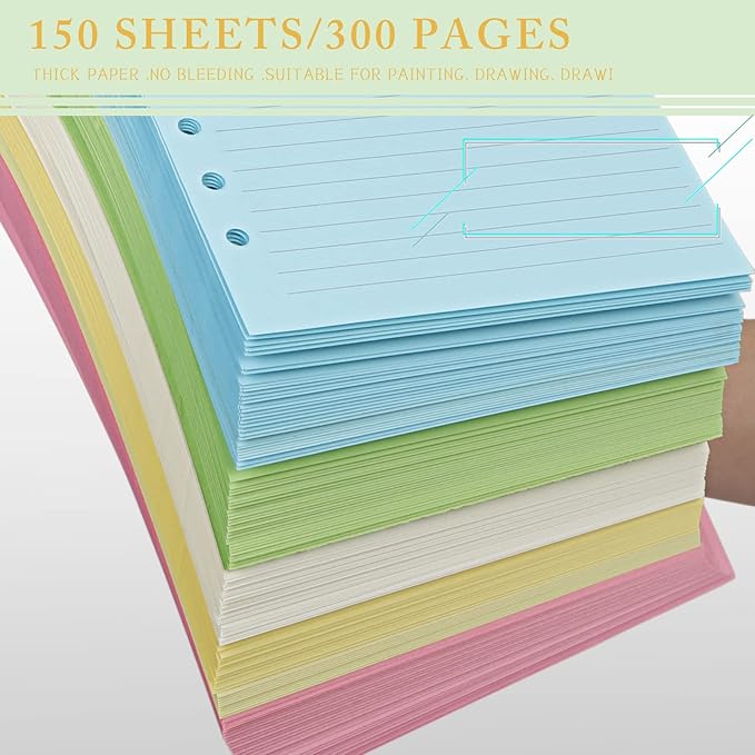 A5 Refills Paper, A5 Binder Planner Loose Leaf Paper, [5 Color] 100 Sheets (200 Pages) 6-Hole Notebook Refills for 6-Ring Refillable A5 Ring Binder Notebook Planner, Lined Paper