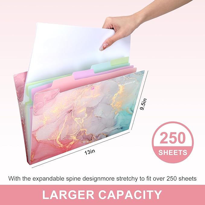 Ddaowanx Expanding File Folder, Letter A4 Size Accordion Plastic File Organizer, 5 Pocket Folders for Documents, Aesthetic Folder with Labels, Paper Organizer for School Office (Purple Marble)