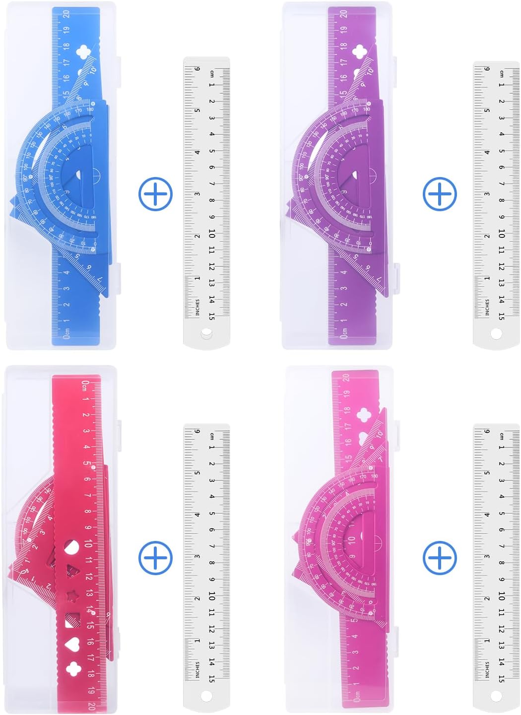 Honagu Triangular Ruler Set, 4+1Pieces Aluminum Alloy Ruler, Metal Drafting Ruler, Geometric Protractor for Students, School Office Supplies (Purple, 20cm)