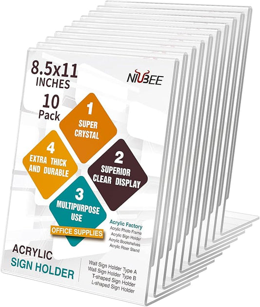 NIUBEE Acrylic Sign Holder 8.5 x 11 Inches Slanted Back, Clear Plastic Sign Holder Paper Display Table Stand for Office, Store, Restaurant (10 Pack)