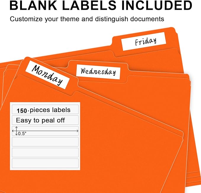 File Folder, RAZCC 150 Pack 1/3 Cut Tab File Folders Letter Size, Orange, Folders with Tab, Great for Organizing and Easy File Storage