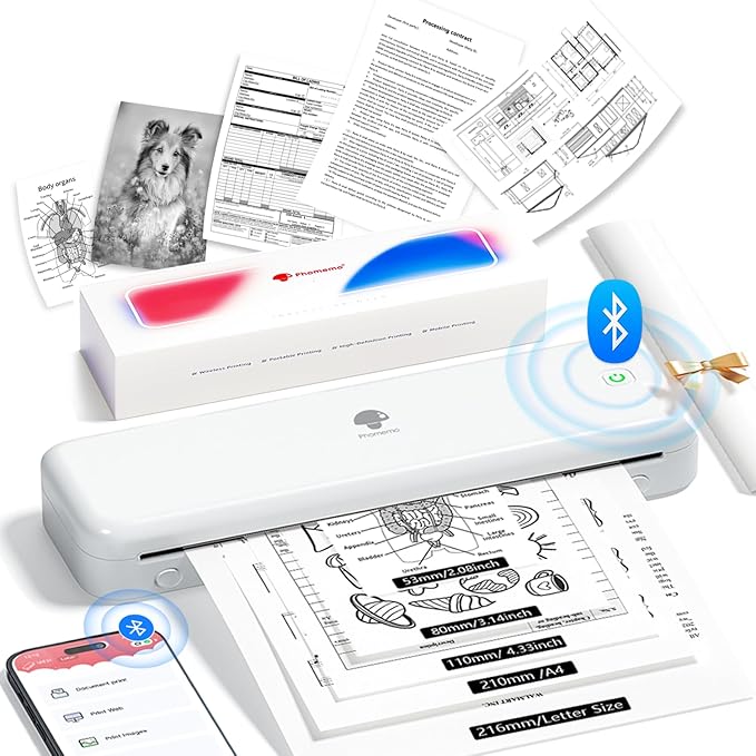 Phomemo M834 Ultra Portable Printer,(Upgraded) Wireless Bluetooth Thermal Printer 8.5" x 11"&A4, Compatible with iOS, Android & PC, Inkless Printer for Travel, Office, School,Home