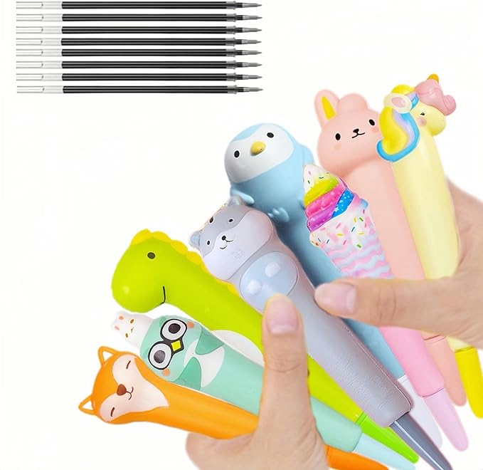 8pcs Kawaii Pens Squishies Animals Gel Ink Pens Fun Stationary Cute Pens Squishy Pens Sponge Pens Set Christmas Gifts Set for Girls Students Teens Back to School Supplies Party Favor