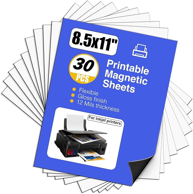 Printable Magnetic Sheets - 30 Glossy White Sheets - Make fridge magnets, Personality Labels, Crafts - 8.5" x 11"