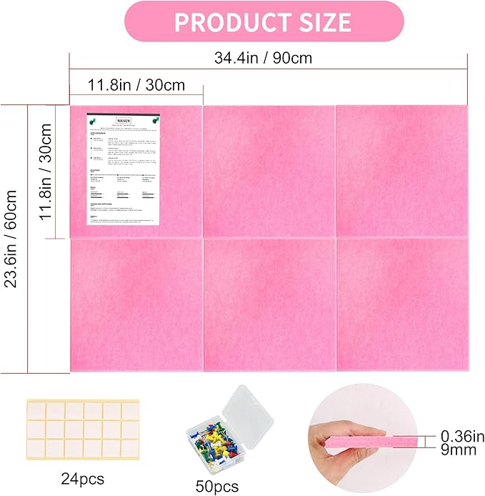 Vuzvuv Pink 35.4"x23.6" Large Cork Board with 50 Push Pins, Self-Adhesive Bulletin Board No Damage for Wall, Felt Pin Board for Paste Notes, Photos, Schedules Offices Home(6 Pcs 11.8x11.8 Inch)