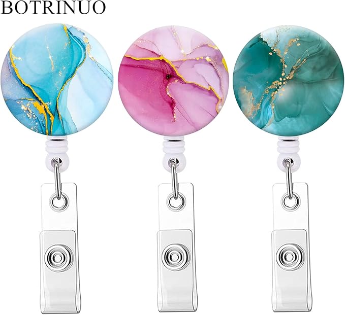 Retractable Badge Reel, Badge Holder with Alligator Clip, Cute Badge Clip on ID Name Card Holders for Nurse Doctor and Office (3Pack Watercolor Marble)