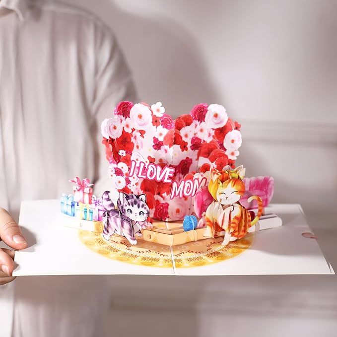 I Love You Mom Pop Up Valentines Day Card, Happy Birthday Pop Up Card For Mom, 3D Cat Mom & Floral Heart Shaped, Mother’s Day Love Card, Ideal Gift for Mom, Mother, Godmother, Stepmom, Mother In Law