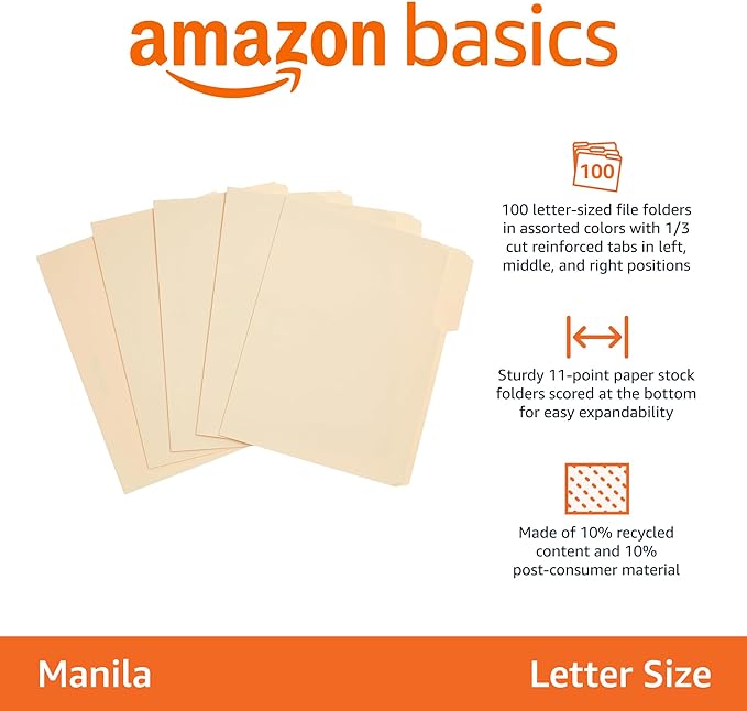 Amazon Basics 1/3-Cut Tab, Assorted Positions File Folders, Letter Size, Manila - Pack of 100