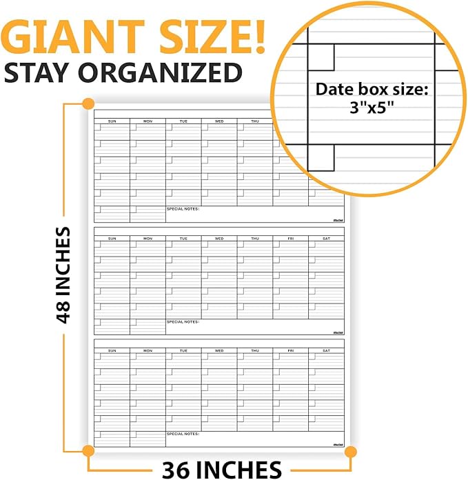 Dry Erase Laminated 3 Months Jumbo Calendar 36"x48"