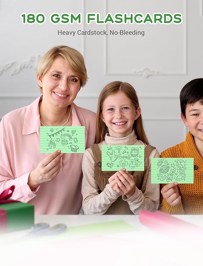 Green Index Cards 3x5 Ruled Note Cards, 200 PCS Lined Index Cards Flashcards, 180 GSM Heavyweight Notecards 3x5 Lined Flash Cards for Studying School Notes Taking, 3 x 5 Index Card Ruled Study Cards