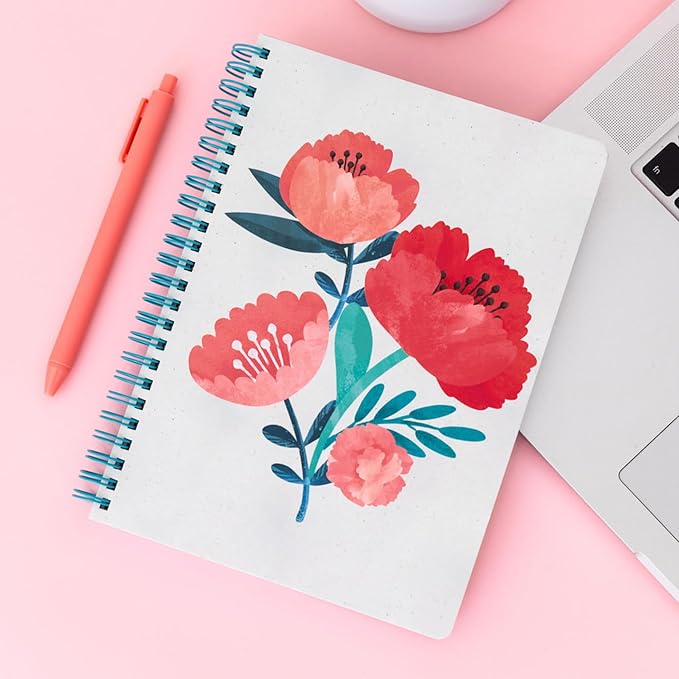 Steel Mill & Co Cute Mini Spiral Notebook, 8.25" x 6.25" Journal with Durable Hardcover and 160 Lined Pages (Poppy Boquet)