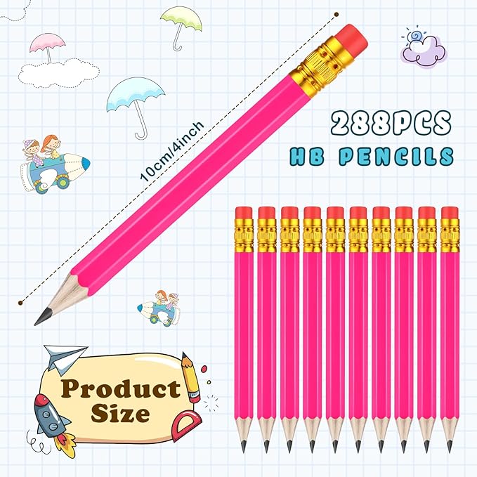 Chivao 288 Pieces Golf Mini Pencils Bulk with Eraser #2 HB Golf Short Pre Sharpened Pencils for Party Favors Office Supplies 4 Inch(Rose Red)