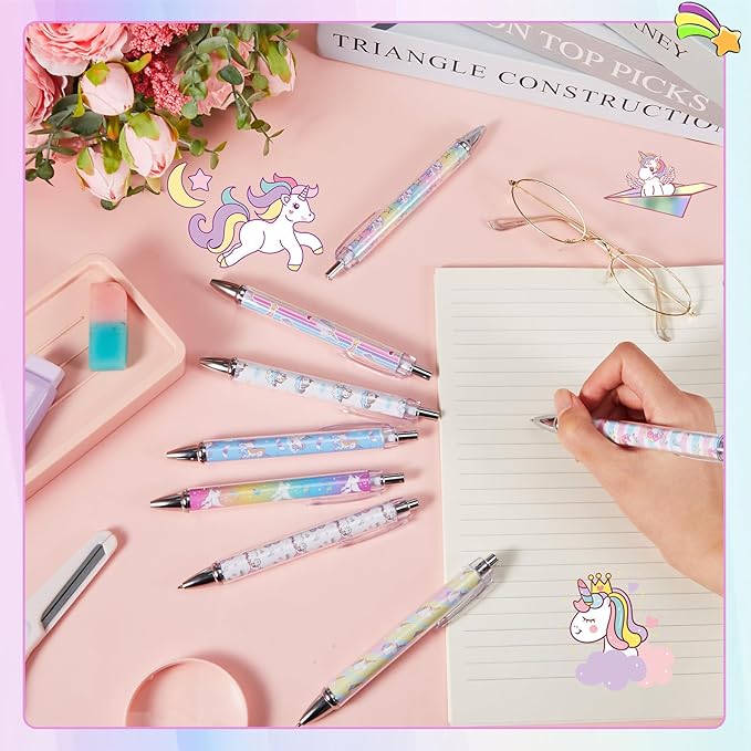 Ireer 8 Pcs Ballpoint Pens for Women 1.00 mm Cute Black Ink Fancy Pens Fine Point Smooth Writing for Journaling Aesthetic Office Supplies(Unicorn)