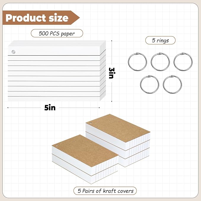 500PCS White Index Cards, 3x5 Inches Flash Cards with Ring, Lined on Both Side Notecards Ruled Study Card Flashcards Heavy Note Cards for Studying, Learning, School, College
