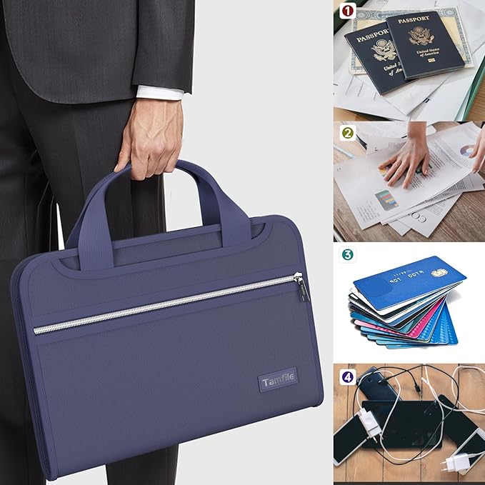 Tamfile Fireproof Accordion File Organizer with Handle, 13 Pocket Expanding File Folder with Zipper & Labels, File Folder with Multi-Pockets Paper Organizer Folder for Letter A4 Files, Blue