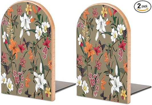 2 Pack Wood Bookends, Spring Floral Flowers Butterfly Non-Skid Book Ends for Heave Books, Decorative Bookends for Shelves Desk, Book Stoppers Book Holders for Home Office Library School