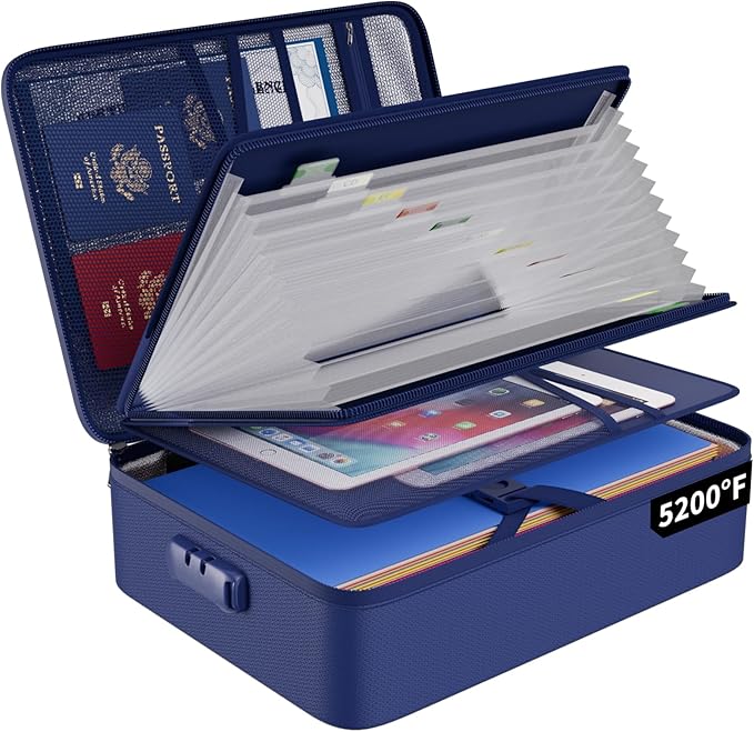ENGPOW 5200℉ Fireproof File Organizer Bag with 13 Pocket Accordion File Folder,Document Organizer Box with Lock&Labels,Multi-Layer Portable Home Travel Safe Storage Box for Important Documents,Blue