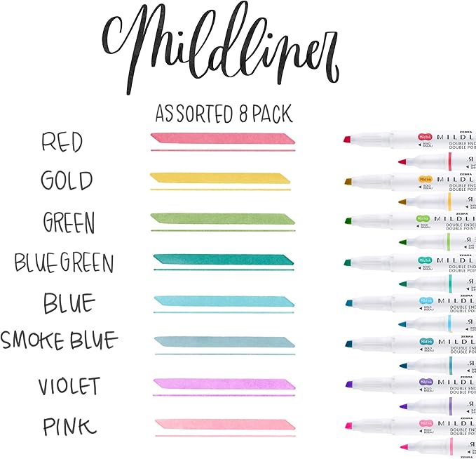 Zebra Pen 78108 Mildliner Double Ended Highlighter Set, Broad and Fine Point Tips, Assorted Ink Planner Colors, 8-Pack