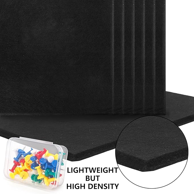 YOUEON 12 Pcs Black Felt Bulletin Board for Wall 12" x 12", Black Cork Board Alternative with Pushpins & Self Adhesive Stickers, Soundproof Wall Tiles, Pin Boards for Home Office School