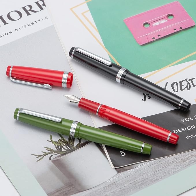 Jinhao 82 Red Acrylic Fountain Pen, Iridium Fine Nib Classic Design Smooth Writing Pen with Ink Converter (Silver Trim)
