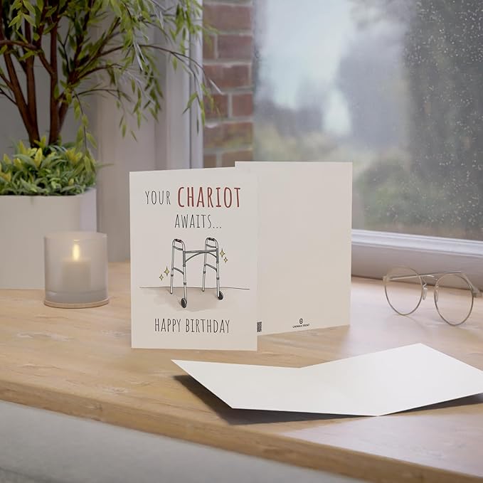 Premium Funny Birthday Card for Dad, Mom, Grandpa, Grandma, Family 40th 50th 60th 70th 80th, Unique Your Chariot Awaits Greeting Birthday Gifts Card, Quality Cardstock With Kraft Envelope & Sticker