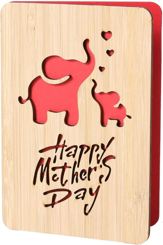 Mothers Day Cards,Handmade Bamboo Greeting Cards,Wooden Thankyou Card,Wooden Birthday Card for Mom,Mum Birthday Gift,Elephant pattern