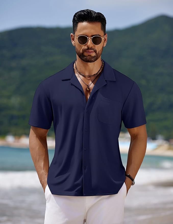 COOFANDY Men's Casual Cuban Guayabera Shirt Short Sleeve Button Down Shirts Summer Beach Shirts Vocation Vintage Shirts