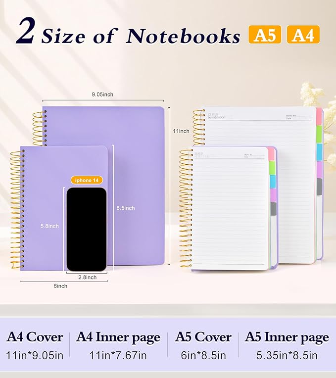 5 Subject Notebook College Ruled with Removable Pocket Dividers Tabs, 240 Pages Spiral Notebook 8.5 x 11, Lined Journal Notebook for Women , Hardcover Notebooks for Work School Note taking A4 Purple
