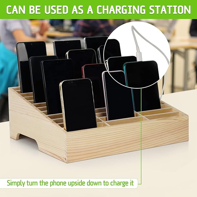 Wooden 24-Grid Cell Phones Storage Box Desktop Mobile Phone Holder Organizer for Office School Classroom (24-Grid)