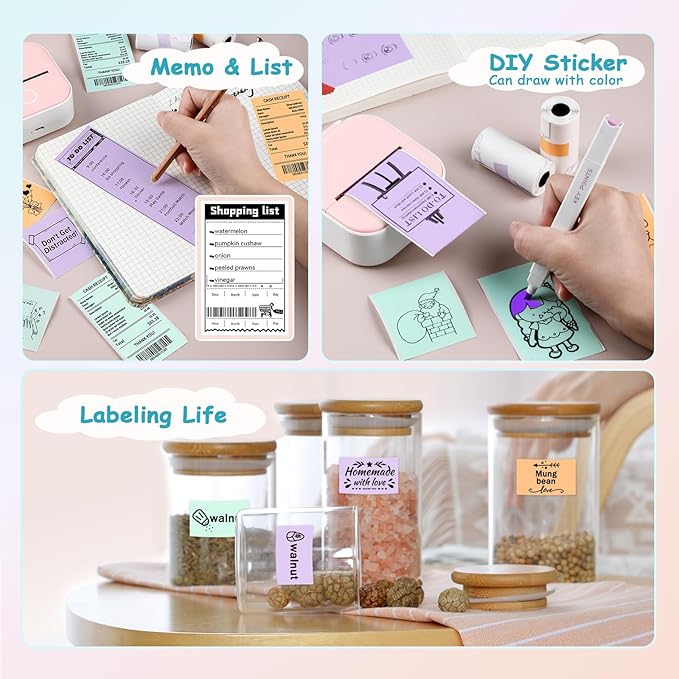 Purple/Green/Orange Thermal Paper for T02 Sticker Printer - Sticker Paper Works with T02/M02X/M02L Mini Printer, Last for 10 Years, Perfect for Journal Photos Study Notes, 50mmx3.5m, 3 Rolls