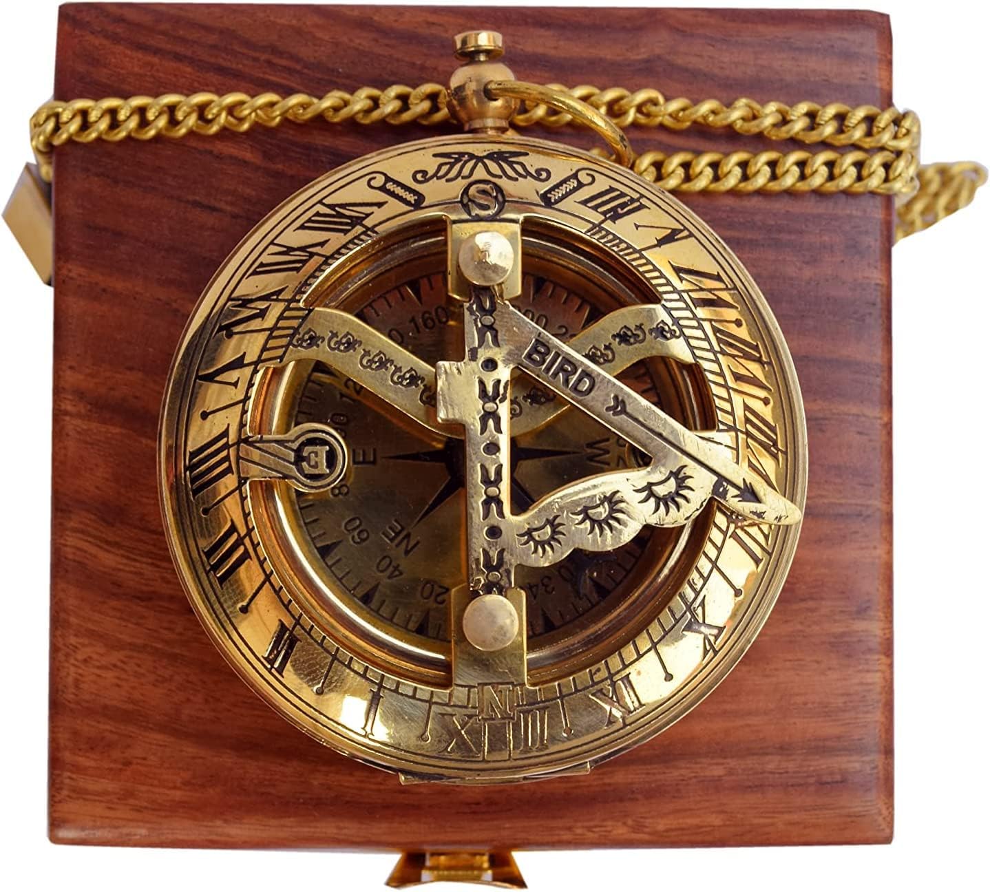 Vintage Brass Sundial Compass with Wooden Box - Antique Brass & Copper Sun Clock for Camping, Hiking, Touring - Engraved Gift for Him - Nautical Ship Replica Watch - Sundial Clock in Box